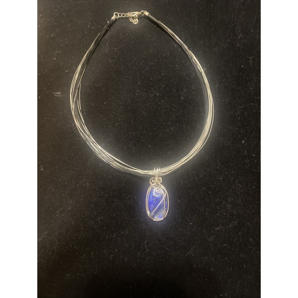 Dichroic Glass Cabochon Pendant Silver Tone On Silver Tone Black Twine Necklace